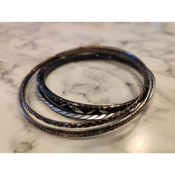 Silver & Black Textured Metal Bangle Bracelets Set Of 5 - Picture 2 of 5